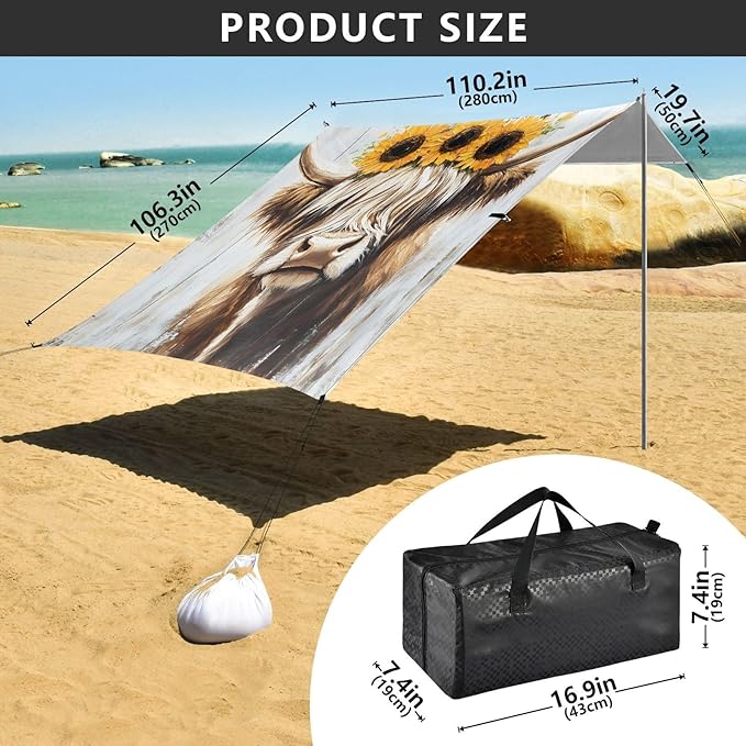 ALAZA Highland Cow Sunflowers Beach Tent Sun Shelter Portable Canopy Sunshade for Outdoor Camping Picnics Backyard Fun 10x9 ft