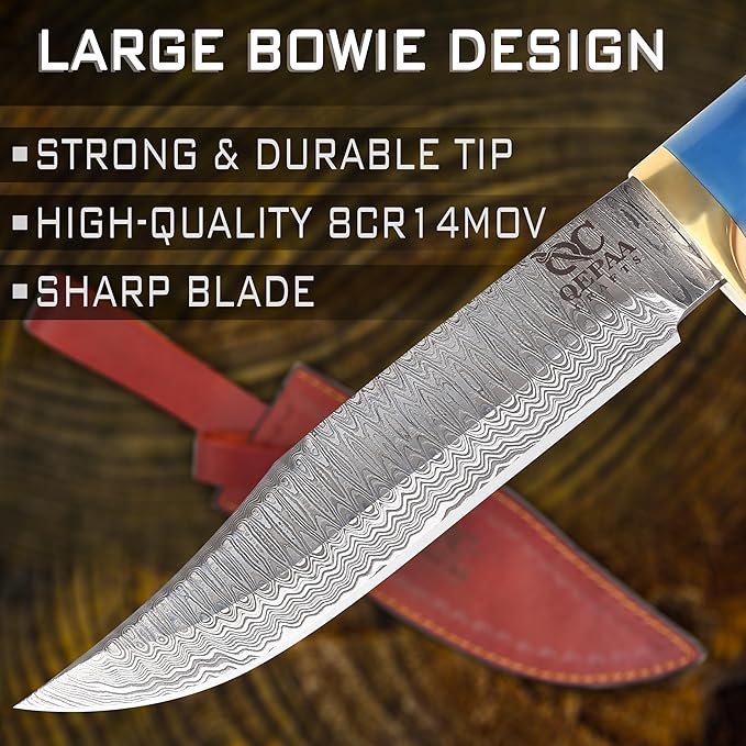 QEPAA CRAFTS® 12 Inch Handmade Steel Hunting Knife Hand Forged Damascus Steel Bowie KnifeFixed Blade Camping Knives for SkinningHuntingCampingHikingErgonomic Handle with holster-Gift for him