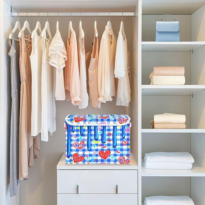 Storage Bins With Lid Stackable Fabric Closet Organizer Clothing Storage Large Boxes For Closet Shelves Bedroom Blue Checks Hearts Meltingicecream Splashes
