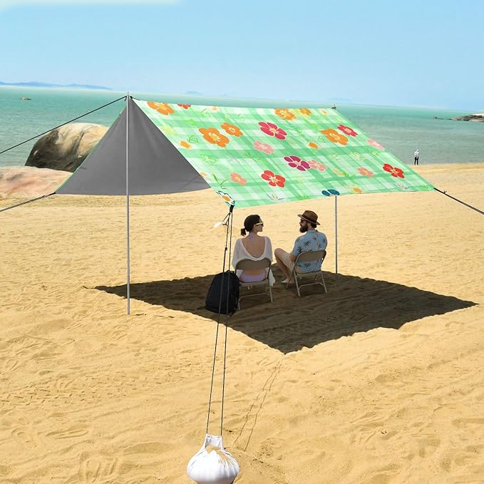 Beach Canopy with Windproof Ropes &amp Sandbags Beach Tent Sun Shade Sun Shelter for Camping Trips Fishing Backyard Fun or Picnics Flowers