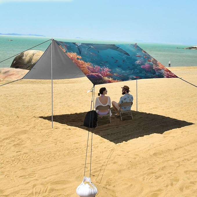 ALAZA Shark Coral Beach Tent Sun Shelter Portable Canopy Sunshade for Outdoor Camping Picnics Backyard Fun 10x9 ft