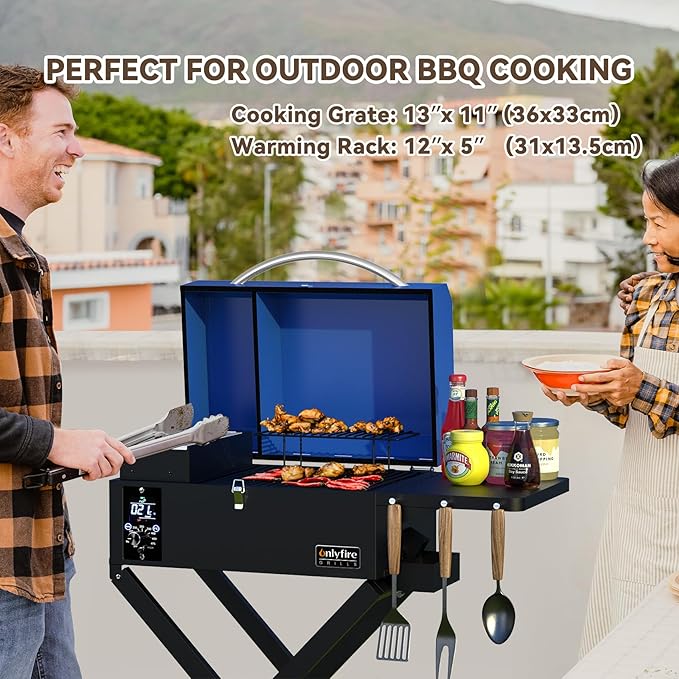 BBQ Wood Pellet Grill Smoker with Foldable Cart Meat Probe 2 Tiers Cooking Area Portable Smoking Grilling Stove for Outdoor Patio Cooking RV Camping Tailgating Blue GS342