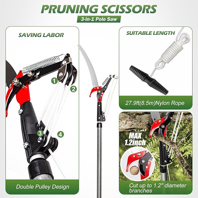 Walensee Pole Saw for Tree Trimming 7.2-27 FT Manual Tree Pruner with 8 Sectional Fiberglass Poles Saw Blade &amp Pruning Scissor Head Adjustable Branch Cutter for Yard Garden with Storage Bag