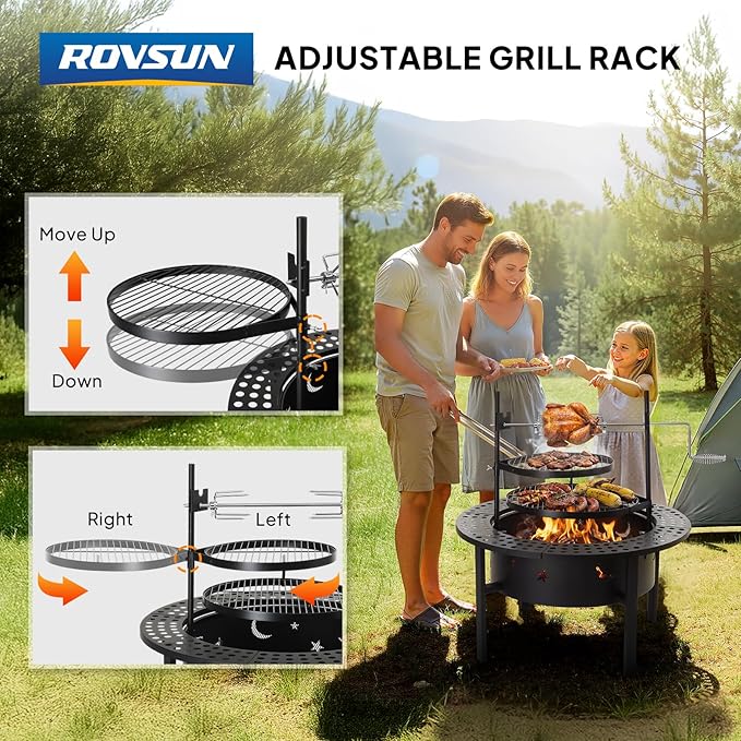ROVSUN Upgrated 33'' Outdoor Fire Pit with 2 Grills Grill with Side Shelves Wood Burning Round Firepit with Swivel Cooking Grate Removable Swivel Grill for Backyard Patio Picnic BBQ and Parties