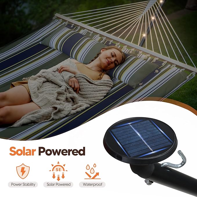 SUNCREAT Double Hammock with 12 ft Stand Solar Powered Lights Outdoor Standing 2 Person Hammock Dark Green