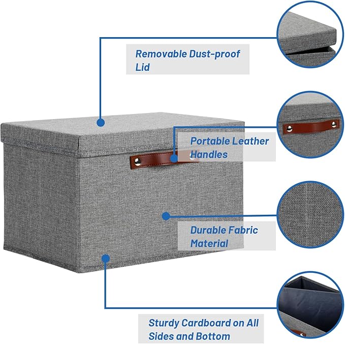 Temary Storage Bins with Lids 2-Pack Large Foldable Storage Baskets with Lid Fabric Storage Bin for Organizing Home (Grey 15x11x9.5inch)