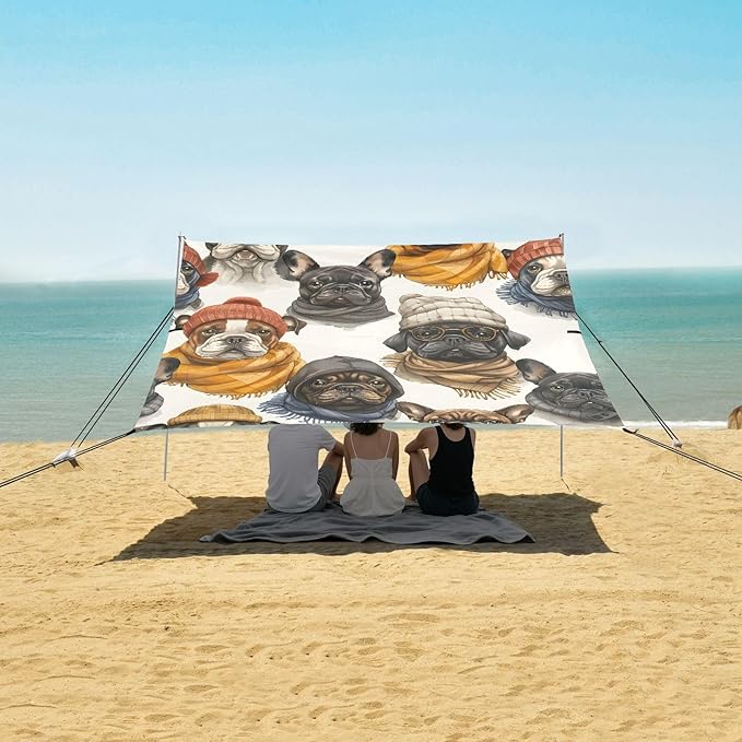 ALAZA Bulldogs with Hat Dogs Beach Tent Sun Shelter UPF50+ Protection Beach Shade Canopy w/ 4 Sandbags for Outdoor Camping Fishing Backyard Fun Picnic 10x9 ft