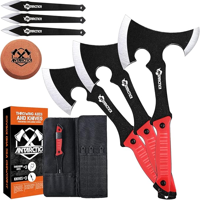 ANTARCTICA Throwing Axes and Knives Set - 3 Pack 11 Full Tang Stainless Steel Tomahawks and Throwing Knives Whetstone Tool Sharpener Well-Balanced for Beginners