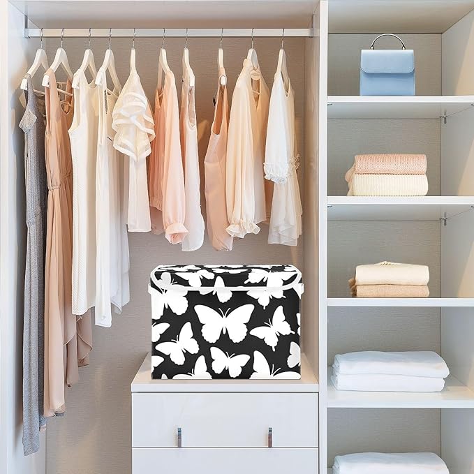 foldable 40 L cube storage bins with handles heavy duty storage containers Christmas For BedroomCloset Living Room 42x32x30cm -Fashion Black and White Butterfly