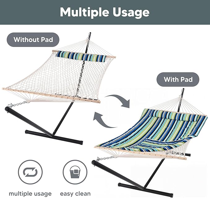 SUNCREAT Hammocks Double Cotton Rope Hammock with Polyester Pad Heavy Duty Hammock with Steel Stand Blue&ampGreen