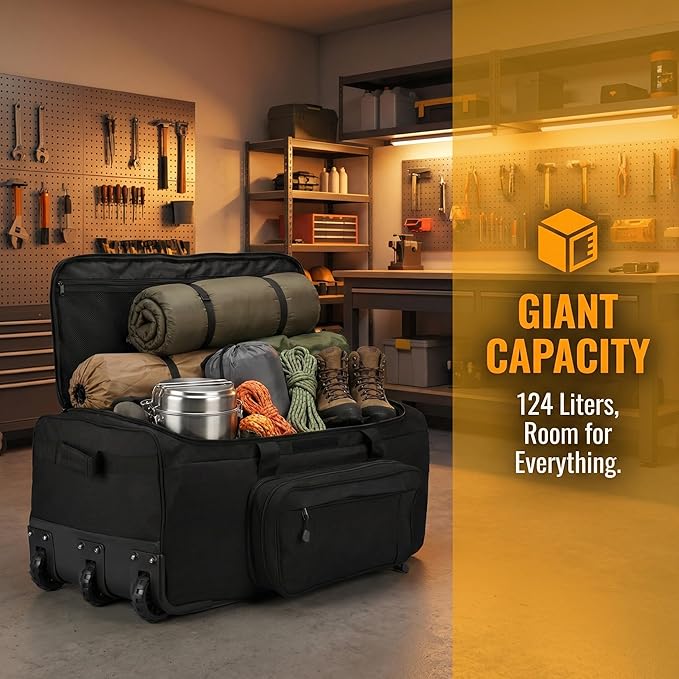 Military Wheeled Deployment Bag Large Tactical Heavy Duty Duffel Bag for Camping Hiking (Black)