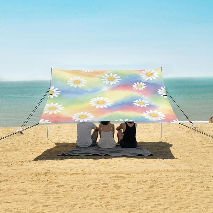 Daisy Beach Canopy Sun Shelter with Sandbags &amp Sand Shovel &amp Windproof Ropes - Portable 110x126 Beach Shade Beach Tent for Camping Picnics