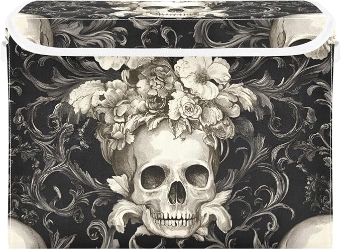 Storage Cube with Lid Retro Style Skulls Print 16.5×12.6×11.8 IN Collapsible Large Capacity Foldable Storage Basket Bin Organizer
