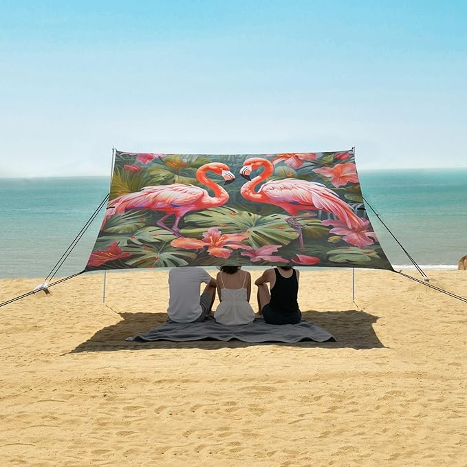 ALAZA Two Lover Flamingos Hibiscus Flower Beach Tent Sun Shelter Portable Canopy Sunshade for Outdoor Camping Picnics Backyard Fun 10x9 ft