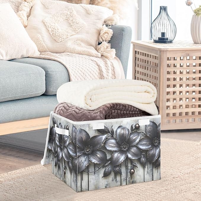Storage Cube with Lid Elegant Black Flowers Print 16.5×12.6×11.8 IN 1 Pack Collapsible Large Capacity Foldable Storage Basket Bin Organizer
