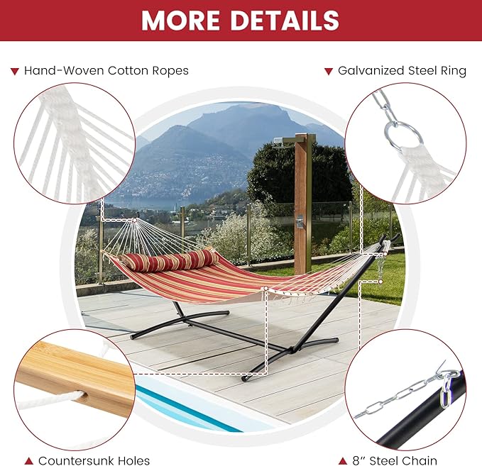 Tangkula 11FT Double Hammock Heavy Duty Outdoor Hammock with Curved Spreader Bars Detachable Pillow 2 Person Hammocks for Outside Porch Patio (Red)
