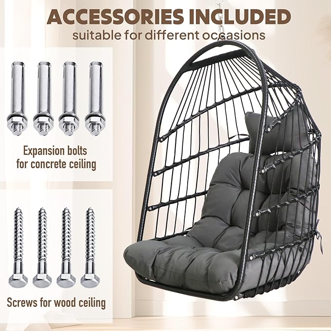 Chihee Egg Chair Foldable Wicker Rattan Hanging Swing Chairs Indoor Outdoor Patio Wicker Chair Hammock Chair with Stainless Steel Hanging Kit Chain Link UV Resistant Cushion Bedroom Balcony