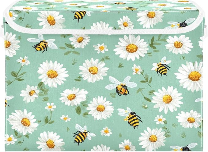 Storage Bins with Lids Storage Containers Box Organizer Bin Basket with Handles for Closet Shelves Clothes Stackable Foldable Decorative Mint Green Daisy Flowers and Bees