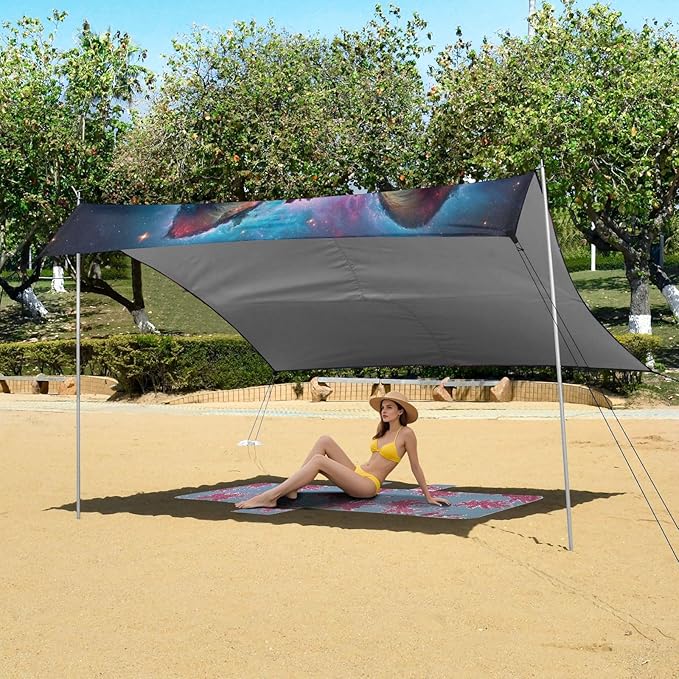 ALAZA Fox Head Galaxy Beach Tent Sun Shelter UPF50+ Protection Beach Shade Canopy w/ 4 Sandbags for Outdoor Camping Fishing Backyard Fun Picnic 10x9 ft