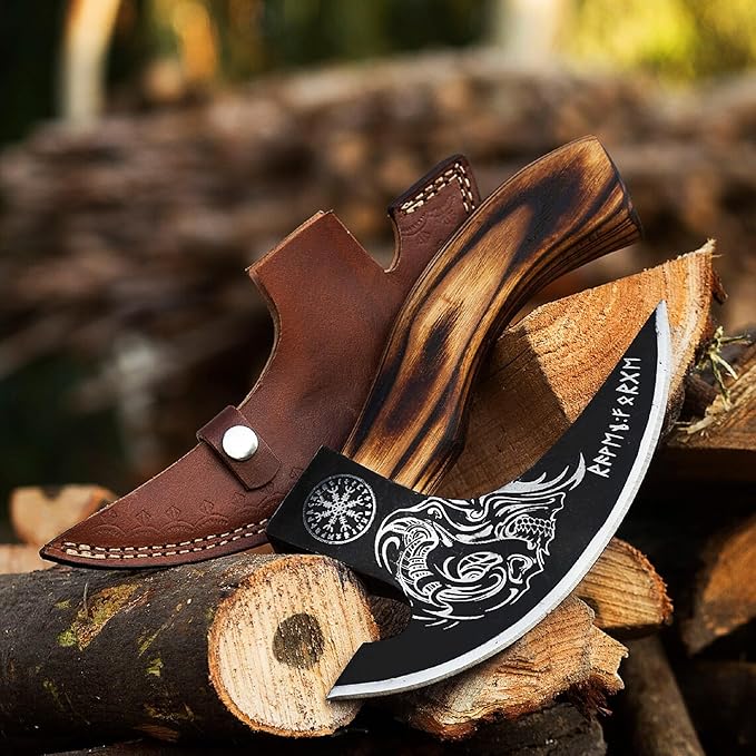 SHINY CRAFTS® Viking Pizza Cutter Axe – Carbon Steel Blade with Black Etching &amp Sheath – Authentic Medieval Gift for Him Norse Style Decorative Axe (VBA-29)