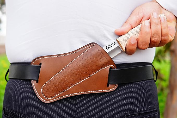 Ottoza Full Tang Bushcraft Knife with 1095 Carbon Steel Fixed Blade - Survival and Outdoor Camping Knife - Ash Wood Handle Brown Leather Sheath 403