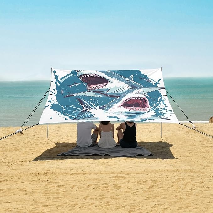 ALAZA Cruel Shark Beach Tent Sun Shelter UPF50+ Protection Beach Shade Canopy w/ 4 Sandbags for Outdoor Camping Fishing Backyard Fun Picnic 10x9 ft