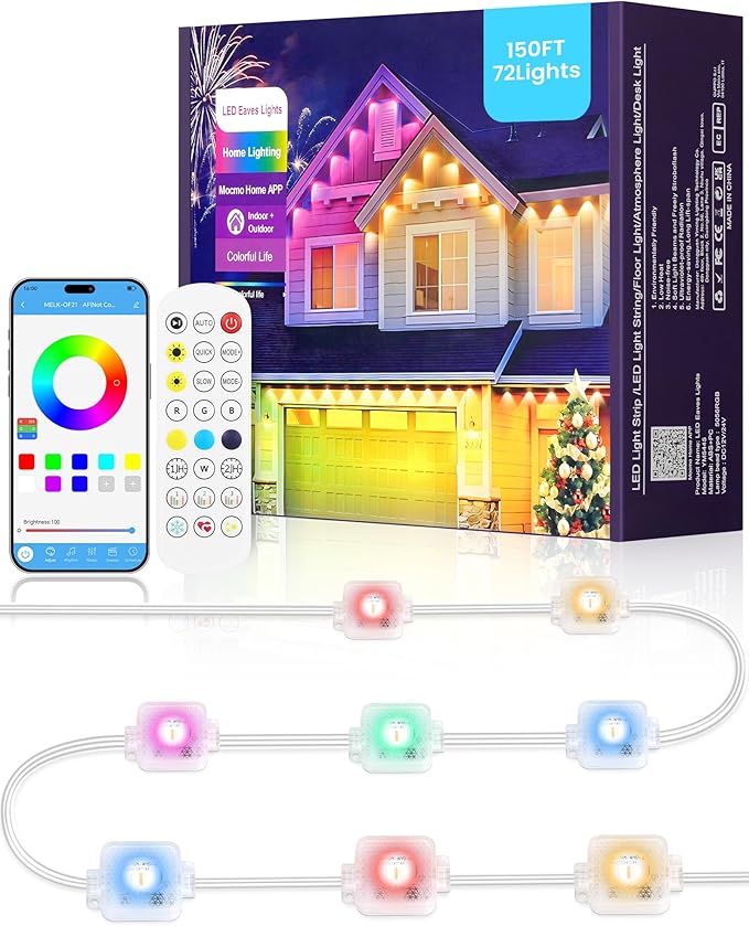 Permanent Outdoor Lights 150 FT RGB &amp White Outdoor Eaves Light with 72 LED Lights App/Remote Control IP65 Waterproof Christmas String Lights for Festival Party Holiday Decor W04EL05
