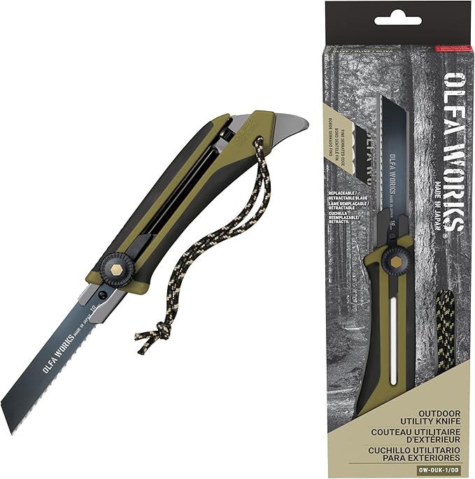 OLFA WORKS OW-OUK-1/OD Outdoor Knife Fine Serrated Edge Blade for Confident Cutting - Multi Purpose Outdoor Knife Designed to Handle Slippery Materials like Rope Plastic and Canvas - Ratchet-wheel
