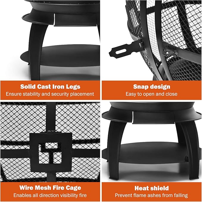 Giantex Wood Burning Chiminea Heavy Duty Fireplace Chiminea Wooden Fire Pit with 2-Piece Log Grate Premium Rain Cap &amp Fire Poker 360°Fire Retardant Mesh Cover Ideal for Garden Patio Backyard