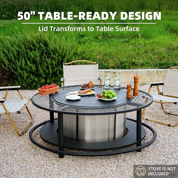 50 Inch Fire Pit Surround Tabletop for Smokeless Fire Pit Outdoor Surround Table with 2 Grill Grates and Firewood Storage Shelf Protective Barrier for Safety &amp Extra Space (Stove not Included)