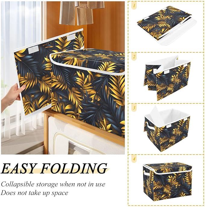 AIXIWAWA Lidded Storage Cube (Gold Palm Leaf) Fabric Foldable Closet Bins with Flip Lid and Handles Organizer Basket Container 16.5 x 12.6 x 11.8 IN