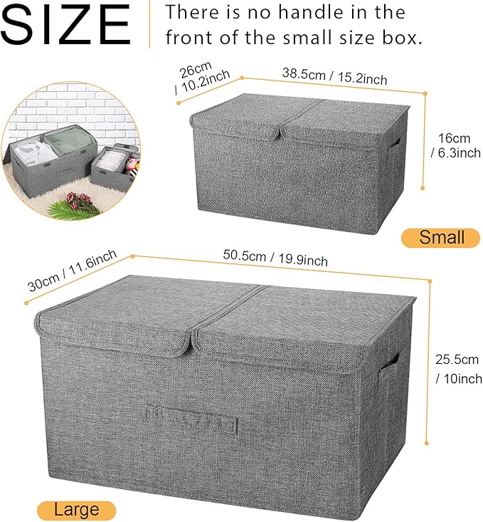 2 Pack Large Storage Boxes with Lids and Handles Collapsible Linen Storage Bins Organizer Containers Baskets Cube with Removable Divider for Home Bedroom Closet Office (Khaki Large)