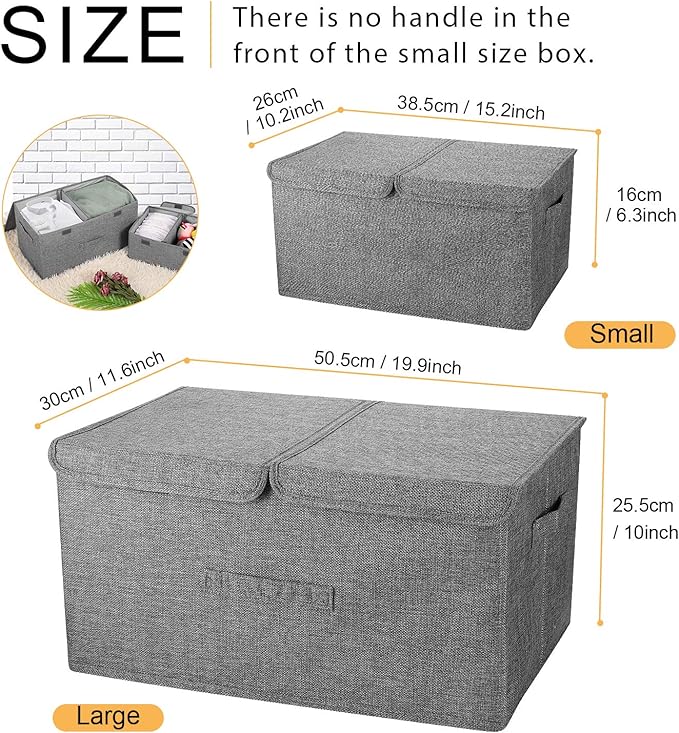 2 Pack Large Linen Fabric Collapsible Storage Bins with Lid and Handles Washable Storage Box Baskets Cube with Removable Divider for BedroomClosetOfficeLiving RoomNursery (Black Small)