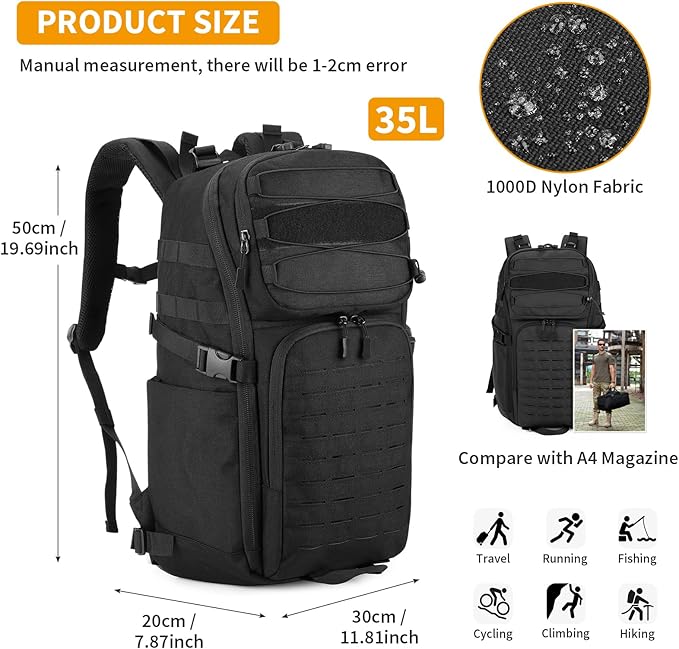 HUNTVP Tactical Backpack for Men 35L Military Backpack MOLLE 1000D Army Daypack 3 Day Bug Out Bag for Work Camping Hiking Outdoor Black