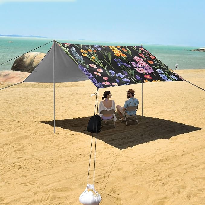 Retro Flowers Beach Tent UPF50+ Protection Easy Setup Portable Sun Shelter Includes Sand Shovel Sandbags Stability Poles for Camping Trips Fishing Backyard Fun or Picnics