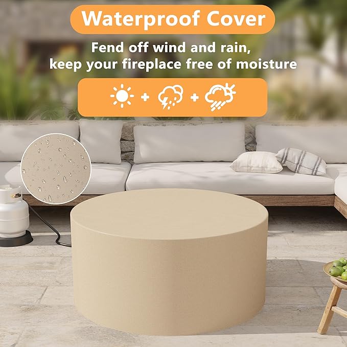 32.5 inch Outdoor Propane Fire Pit Table 50000 BTU Round Patio Fire Pit Table with Lid Waterproof Cover 10ft Gas Hose &amp Gas Tank Base Lava Rocks CSA Certified White