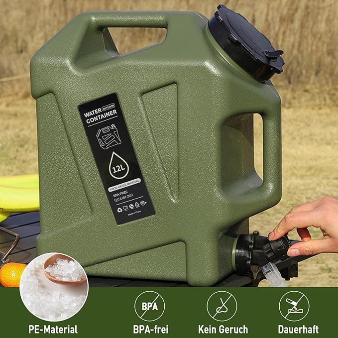 3.2 Gallon Water Jug12L Portable Water Container with Spigot Cleaning Brush Detachable Hose &amp Extra Lid Dual Handles Design BPA-Free Camping Hydration Canteen Outdoor Tank Storage PE - Green