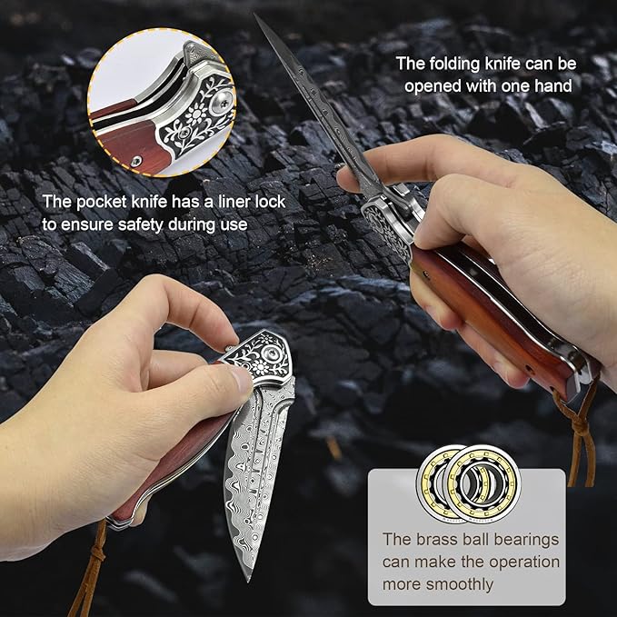 KOMWERO Damascus Pocket Knife VG10 Damascus Steel Folding Knife with Wood Handle Leather Sheath Liner Lock EDC Knife for Outdoor Survival Hunting Collection