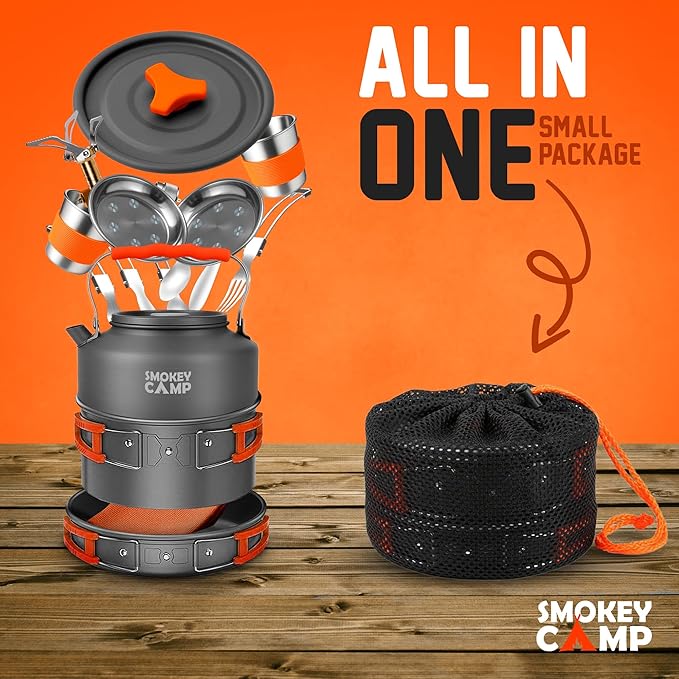 Smokey Camp Camping Cookware Mess Kit Set with Stove - Backpacking Camping Pots and Pans Set All in One Non-Stick Camping Cooking Set Portable Stove Hiking Picnic Outdoor &amp Camping Cookware S