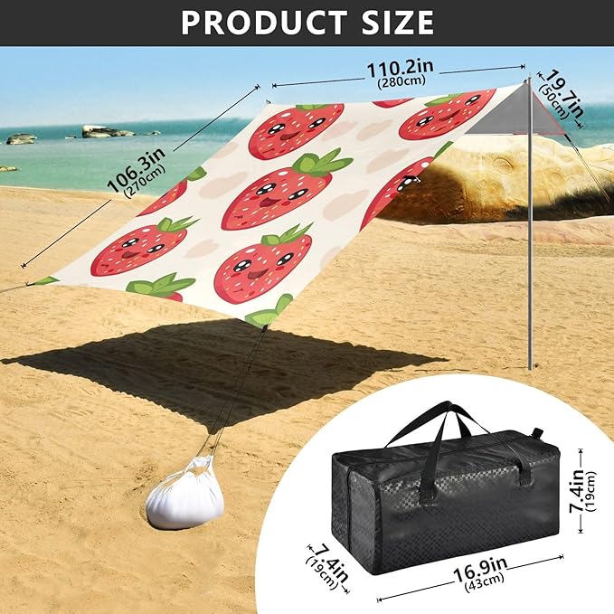 ALAZA Cute Strawberry Fruit Abstract Beach Tent Sun Shelter Portable Canopy Sunshade for Outdoor Camping Picnics Backyard Fun 10x9 ft