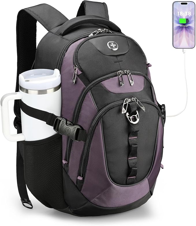 Swissdigital Design Laptop Backpack with USB Charging Port Travel Backpack Fits 15.6 inches Computer 31L College School Backpack for Women Light Purple/Black | SD803-85