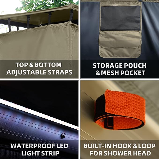 ALL-TOP Awning Shower Room w/Foldable Floor Mat 3.3ft x 3.3ft Privacy Shelter Restroom w/Roof LED Light Drain Pipe Carside Bathroom