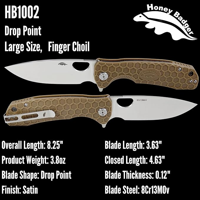 Honey Badger Large Pocket Knife EDC Drop Point Folding Utility Knife 3.6 Steel Blade Reversible Pocket Clip - (3.8oz) Drop Point Large Tan HB1002
