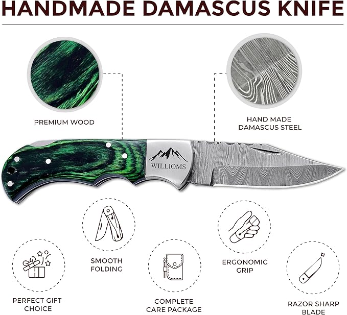 Custom Pocket Knife gifts for Men Personalized Damascus Folding Knife Engraved Gifts for Him Dad Boyfriend Husband Anniversary Groomsmen Gifts. Custom Knife for Camping Hunting Everyday Carry (