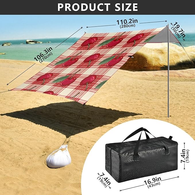 Beach Canopy with Windproof Ropes &amp Sandbags Beach Tent Sun Shade Sun Shelter for Camping Trips Fishing Backyard Fun or Picnics Cherry