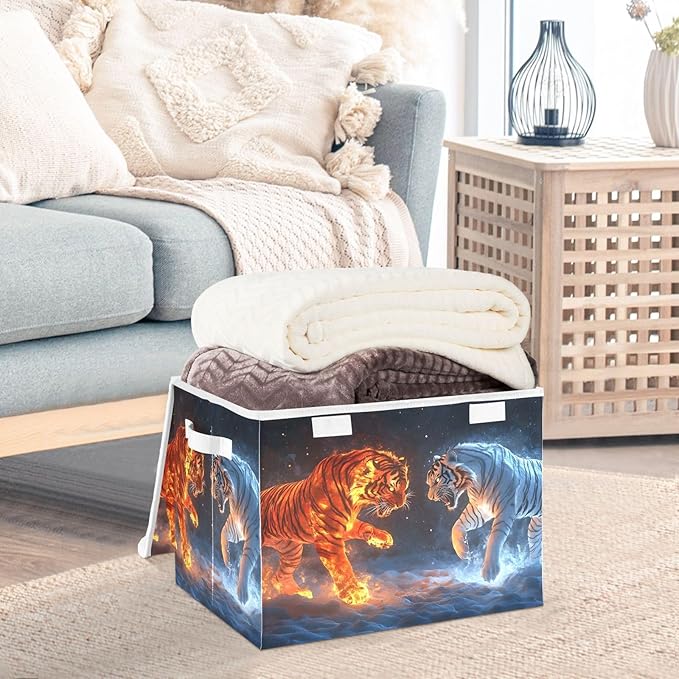 Storage Cube with Lid Animal Ice Fire Print 16.5×12.6×11.8 IN Collapsible Large Capacity Foldable Storage Basket Bin Organizer