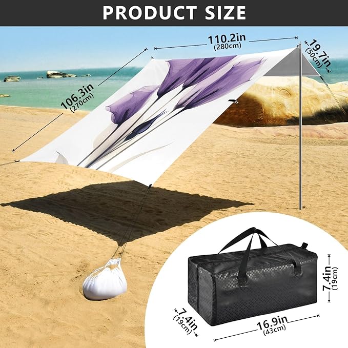 ALAZA Transparent Calla Lily Flowers Beach Tent Sun Shelter UPF50+ Protection Beach Shade Canopy w/ 4 Sandbags for Outdoor Camping Fishing Backyard Fun Picnic 10x9 ft