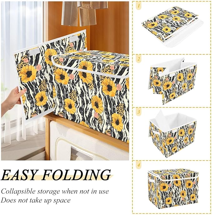 Storage Cube with Lid Leopard Sunflower Print 16.5×12.6×11.8 IN 1 Pack Collapsible Large Capacity Foldable Storage Basket Bin Organizer