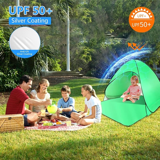Beach Tent Easy Pop Up 2-3 Person Beach Shade Beach Tent Sun Shelter Instant Portable Beach Tent Umbrella Sun Shade Canopy with Storage Bag for Outdoor Beach Camping Fishing (Green)