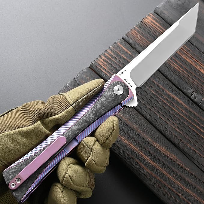 Sitivien ST994 Folding Knife Handmade M390 Brushed Steel Blade Titanium Carbon Fiber Handle with Ball Bearing for Outdoor Camping Hiking Survival (Pink)